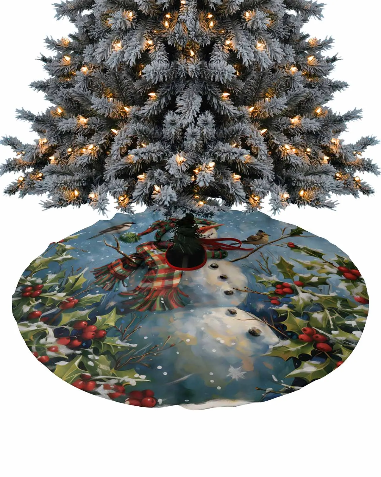 Christmas Snowman Plant Red Fruit Bird Skirt Xmas Decorations for Home Supplies Round Christmas Tree  Skirts Base Cover