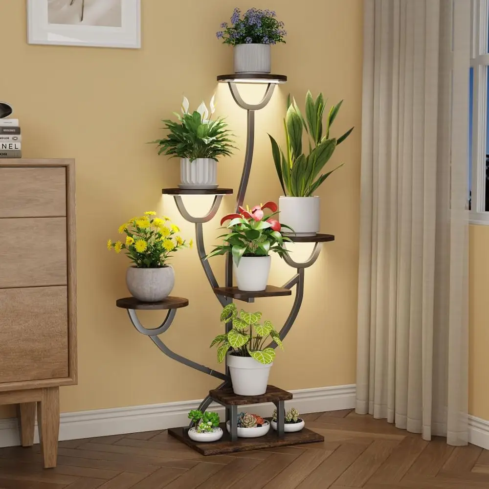 7-Tier Indoor Metal & Wood Plant Stand with Grow Lights, 44.2 Tall, Ideal for Living Room Display