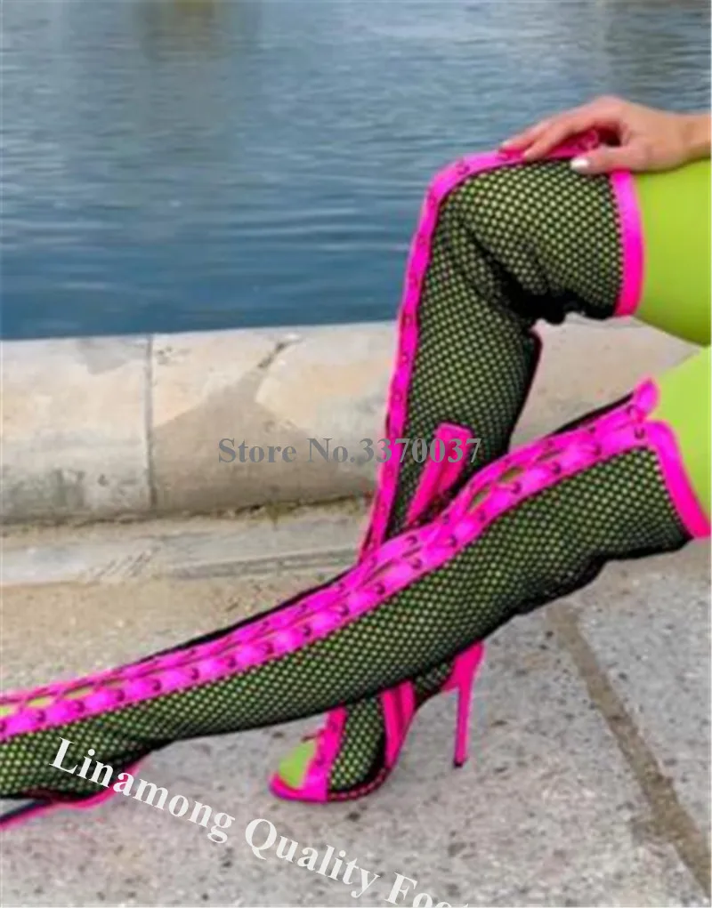 Mesh Knee High Gladiator Boots Linamong Sexy Peep Toe Pink Black Lace Stiletto Heel Sandal Boots Charming Party Heels