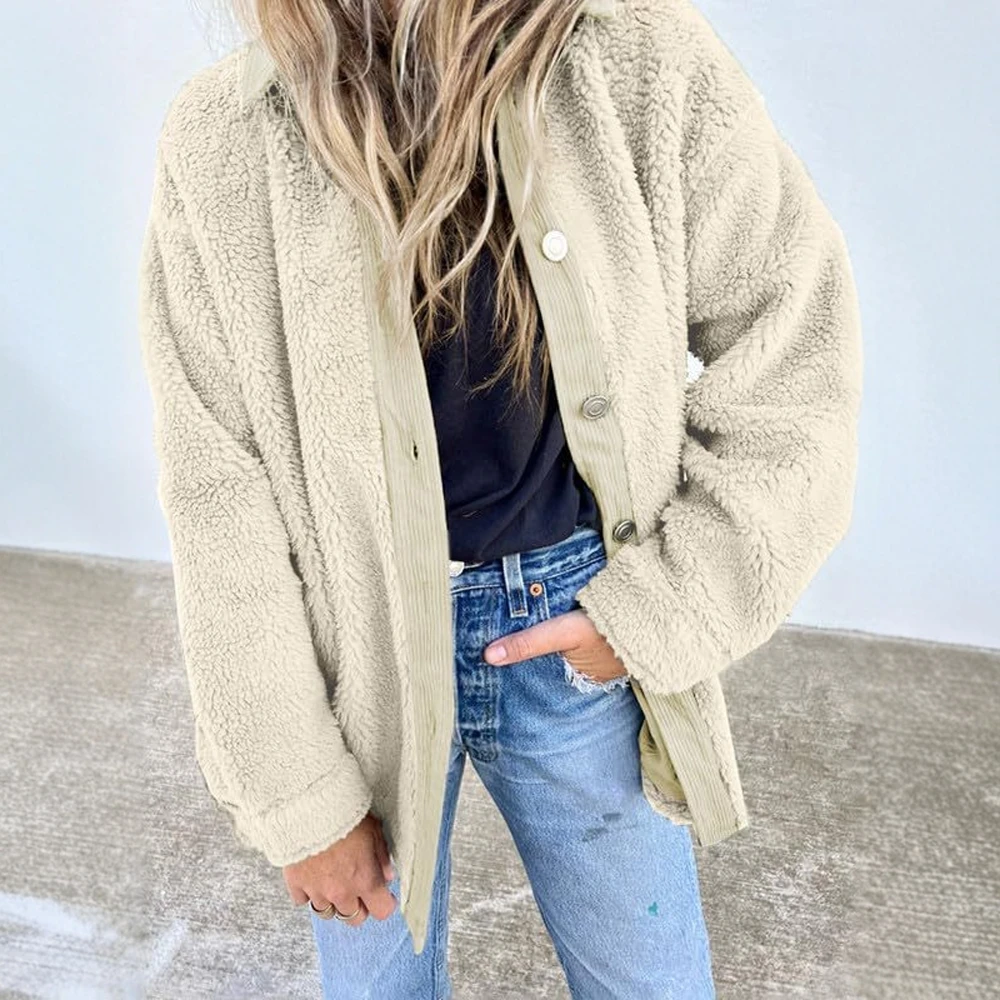 

Женский зимний флисовый кардиган на пуговицах с лацканами, пальто с длинными рукавами и карманами, европейско-американский дизайн