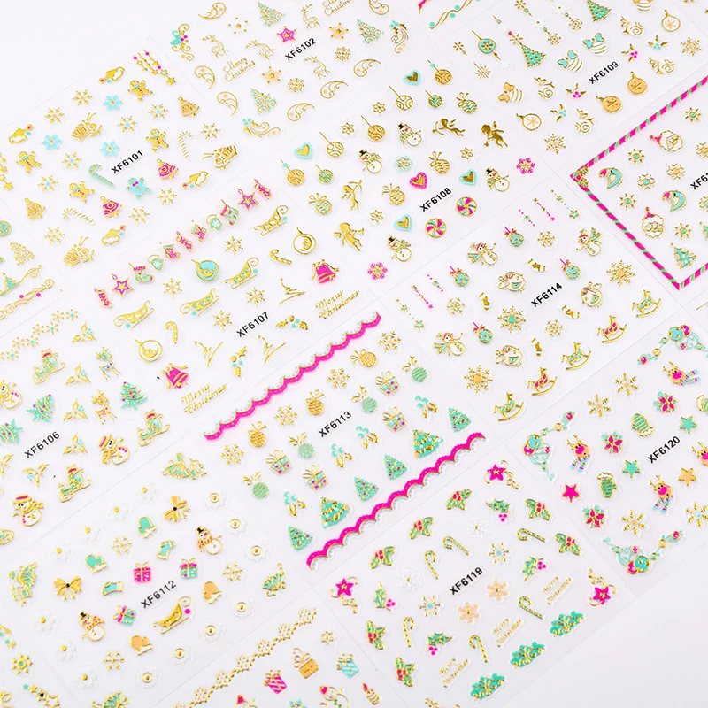 30 adesivo de unhas em relevo natal dos desenhos animados gatinho guirlanda boneco de neve auto adesivo arte do prego adesivos diy ano novo decorações de unhas