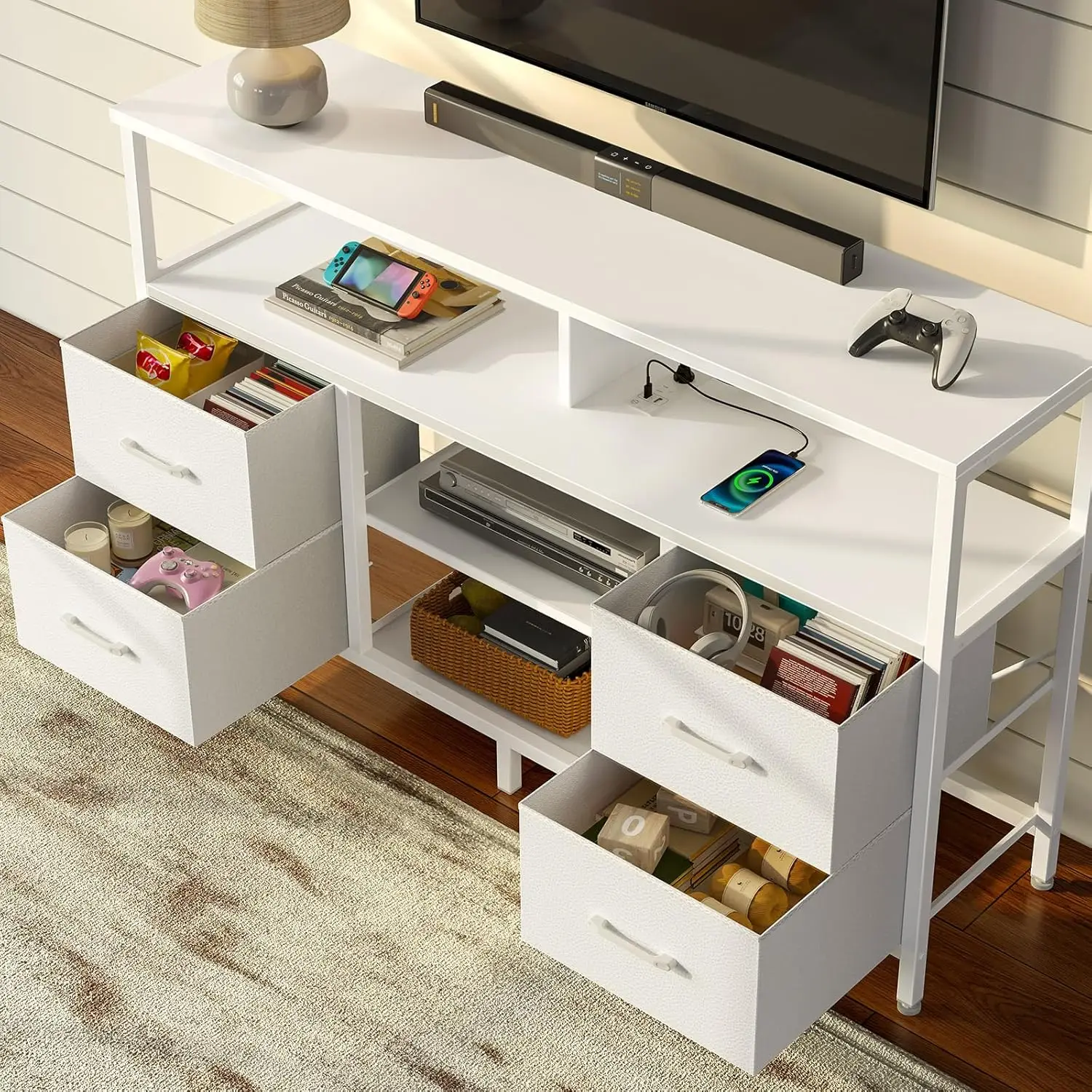 TV Stand with Power Outlets and LED Light, 4 Fabric Drawers Entertainment Center for 32/45/55/65 inch TVs, White