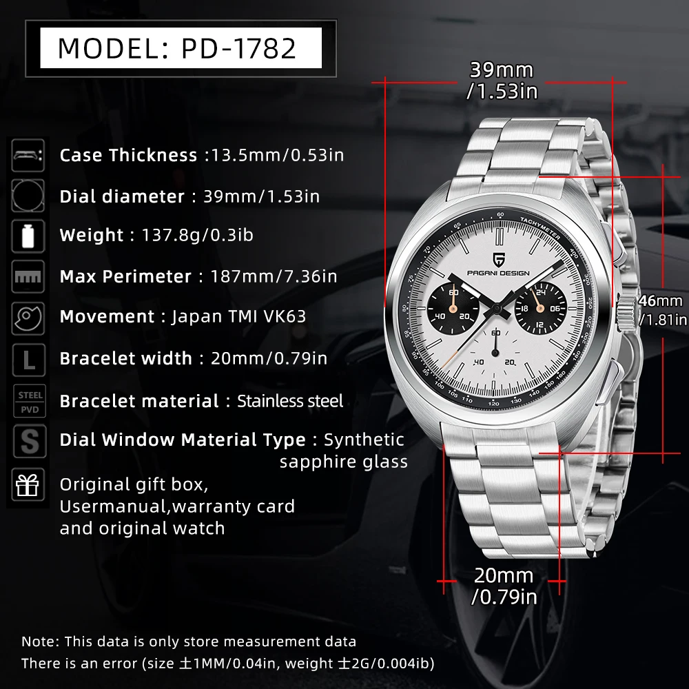 PAGANI تصميم ريترو ساعات كوارتز رجالية 2025 قمة فاخرة VK63 ساعة كرونوغراف للرجال AR الياقوت مقاوم للماء مضيئة رجل هدية