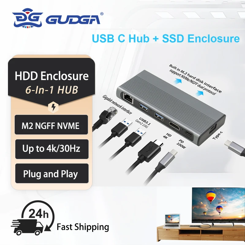 GUDGA Usb Hub ประเภท C 3.1 ถึง M.2 SATA NVME NGFF HD 4K RJ45 1000M LAN 10Gbps M.2 SSD กล่องใส่เคส USB C Splitter HDD Enclosure สถานีเชื่อมต่อคอมพิวเตอร์และฮับ USB