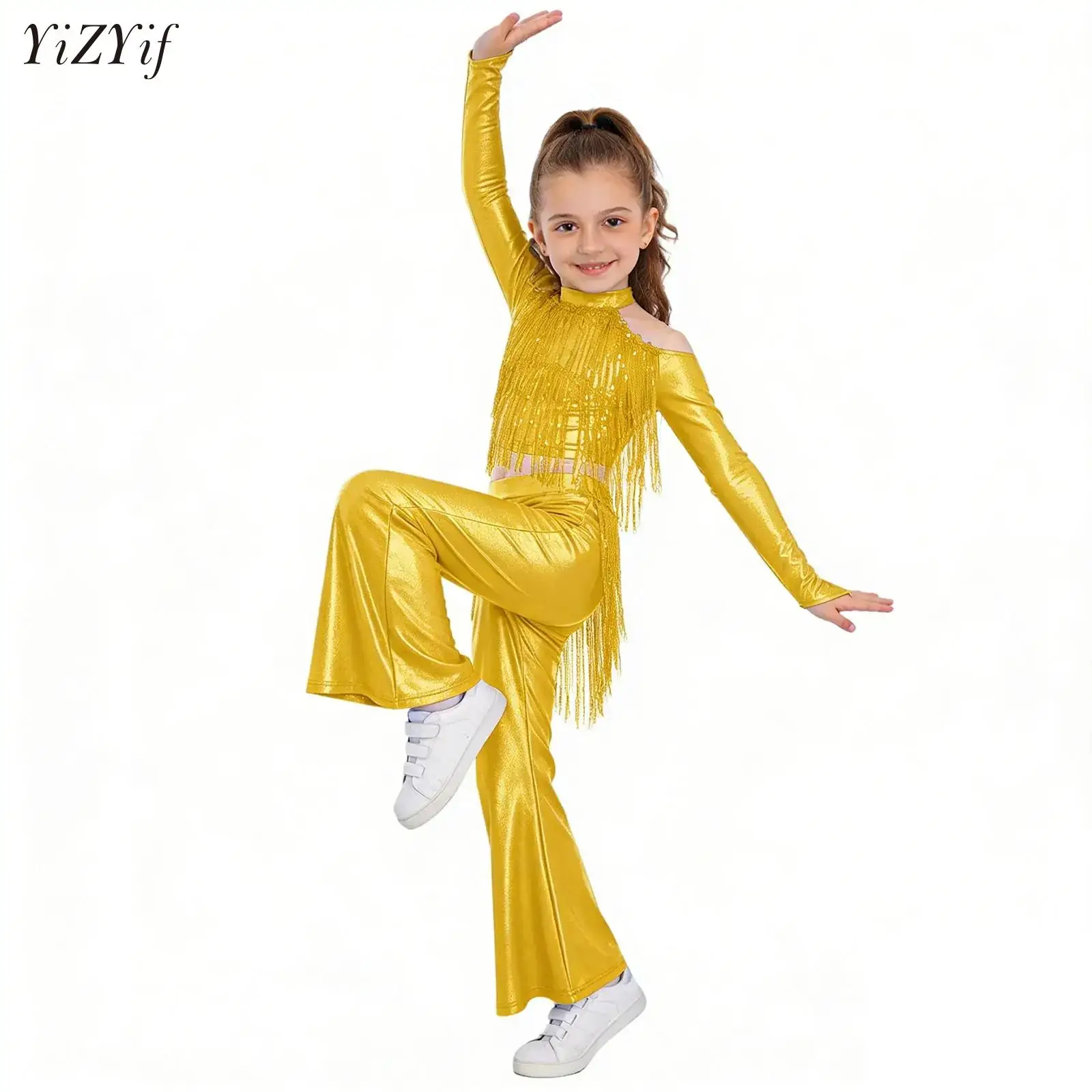 

Children Girls Hippie Suit Hip-Hop Jazz Dance Performance Outfits Sequins Tassels Latin Gymnastics Crop Top+Bell-Bottom Pants