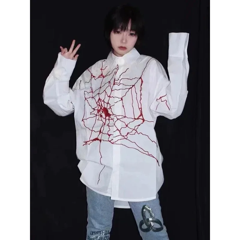 بلوزة كوساهيكي كلاسيكية مطرزة على شبكة العنكبوت بأكمام طويلة قمصان نسائية هاراجوكو Y2k بلوزات الجرونج الجمالية قميص أبيض