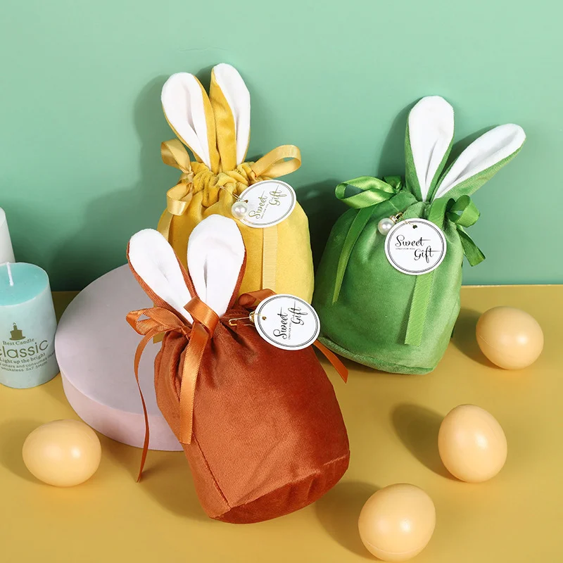 New Rabbit Ears Candy Bag Easter Bags Velvet Draw String Candy Bags Gift Packing Bags Party Decoration Navidad Drop Shipping