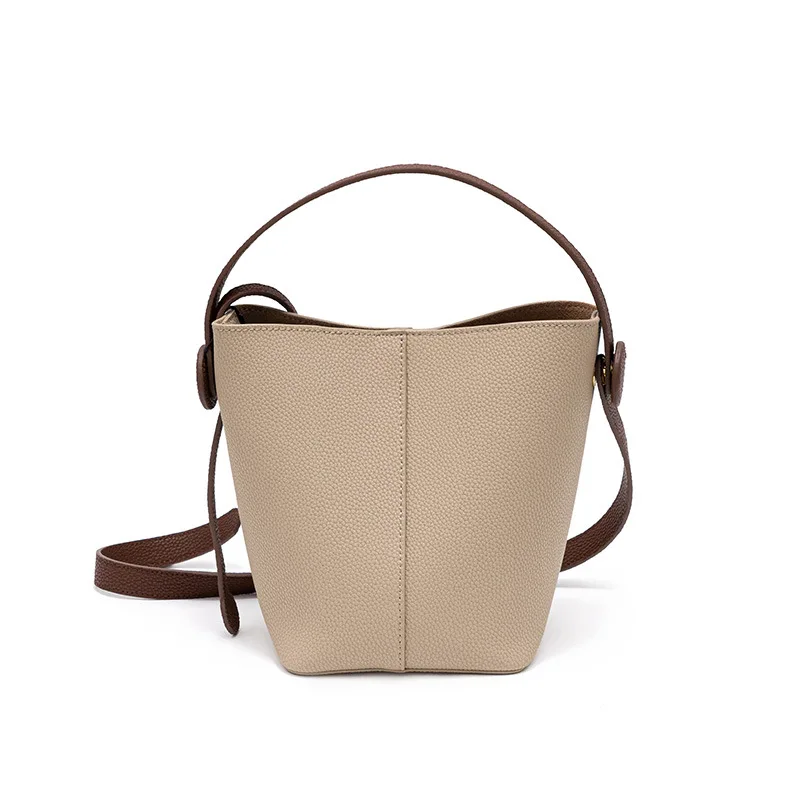 New Korean Version of Women Leather Messenger Bucket Bag Niche Hit Color Simple Vegetable Basket Handbag