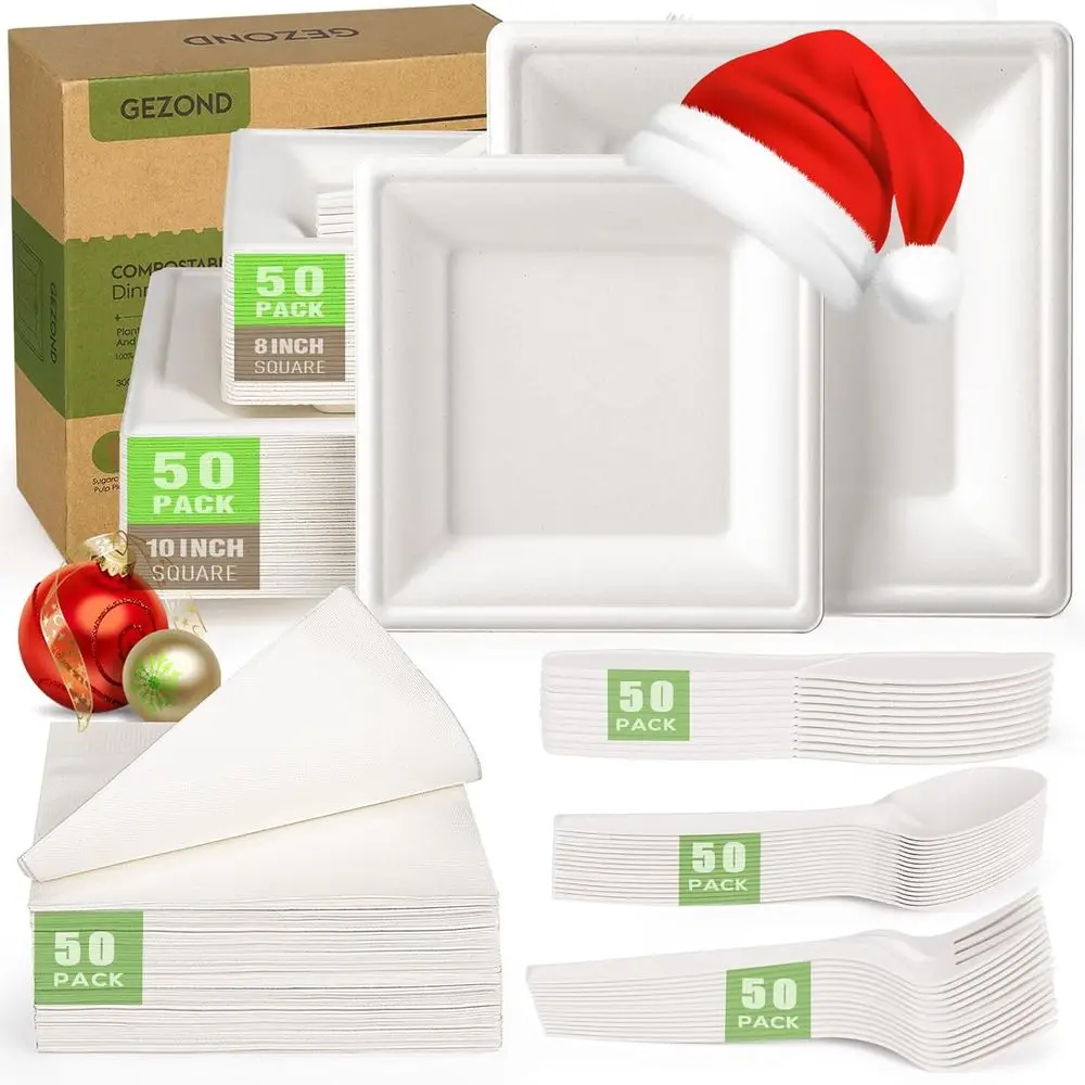 

Eco-Friendly 300-Pack Sugarcane Plates, 10 Biodegradable Square White Plates with Napkins, Heavy-Duty for Parties