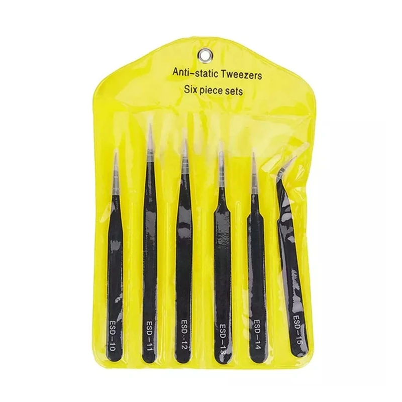 6Pcs Anti-static Tweezers Set Multifunctional Precise Tweezers High Hardness 517A