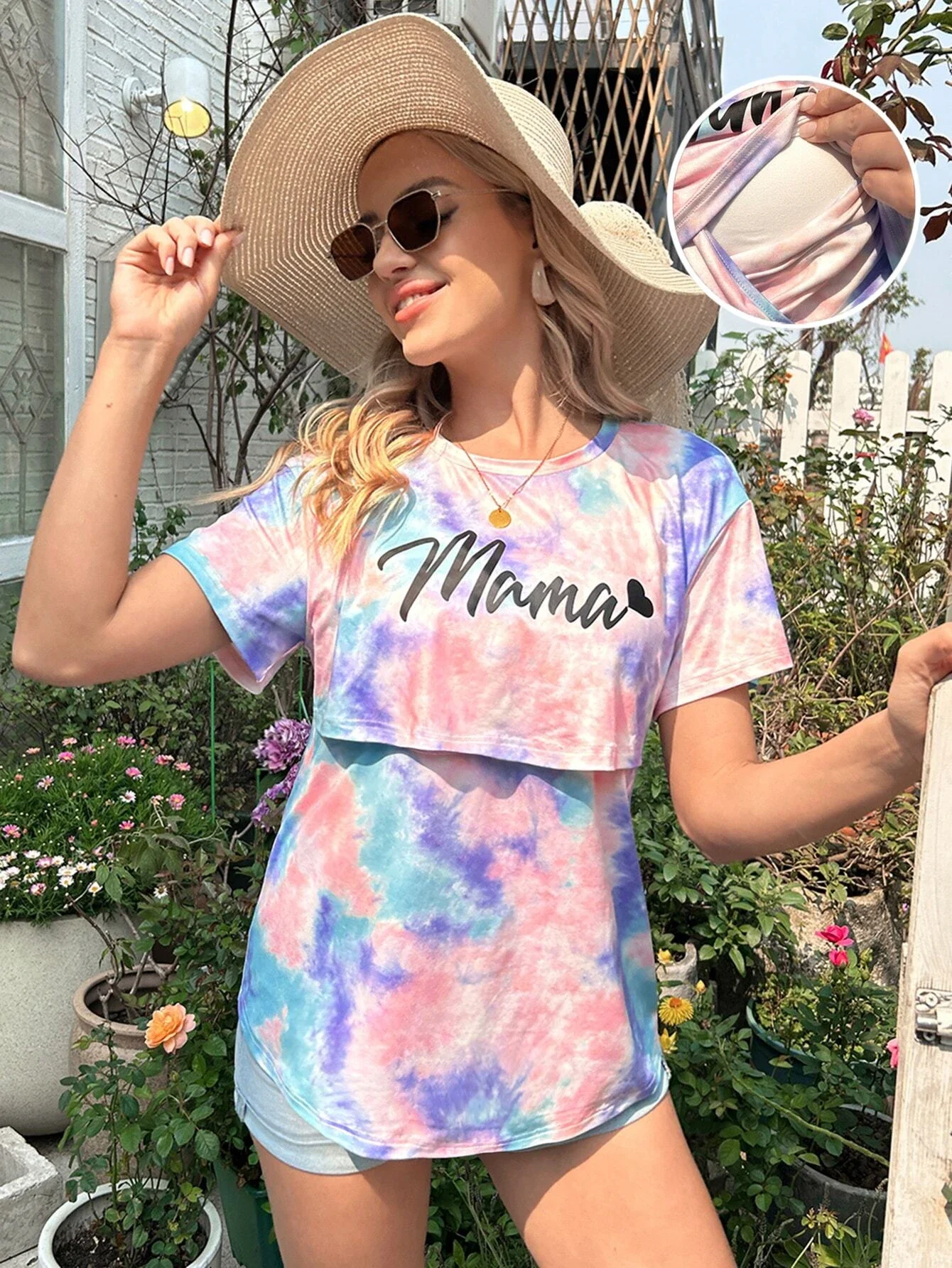 Pregnant Women Tie Dyed Letter Pattern Nursing T-shirt Elastic Breastfeeding Casual Bottom Shirt Short sleeved Top