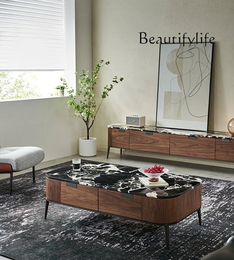 

Italian minimalist natural marble long coffee table, modern light luxury high-end new long coffee table
