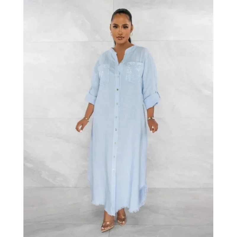 Women Shirt Dress Single Breasted Tassel Splice Long Dresses Maxi Loose Y2k Full Sleeve V Neck Solid Vestidos Casual Spring