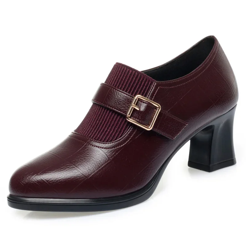 Autumn Fashion Comfort Deep Mouth Soft Leather Shoes Women Pumps 2025 Spring Block Heels Shoes for Office Mom Model Daily
