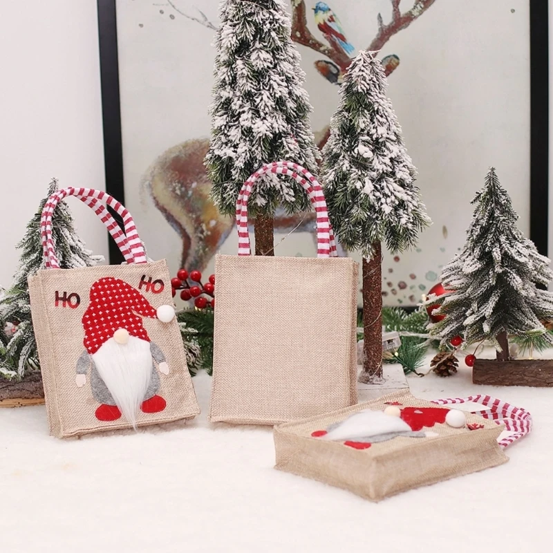 3pcs Christmas Gift Bags Holiday Burlap Bags Premium Festival Gift Bags 3 Holiday Christmas Gnomes Prints