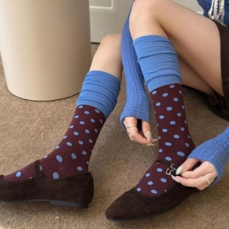 Women Blocked Dots Slim Stacked Socks Fashion Color Blocking Cute Polka Dots Stockings for Women Autumn Winter Cotton Long Socks