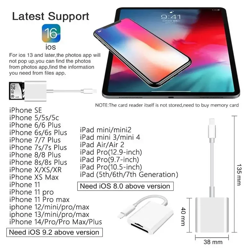 Адаптер 2в1 Lightning Card Reader для iPhone iPad со слотом для карт памяти TF, совместимый с картами Mini SD