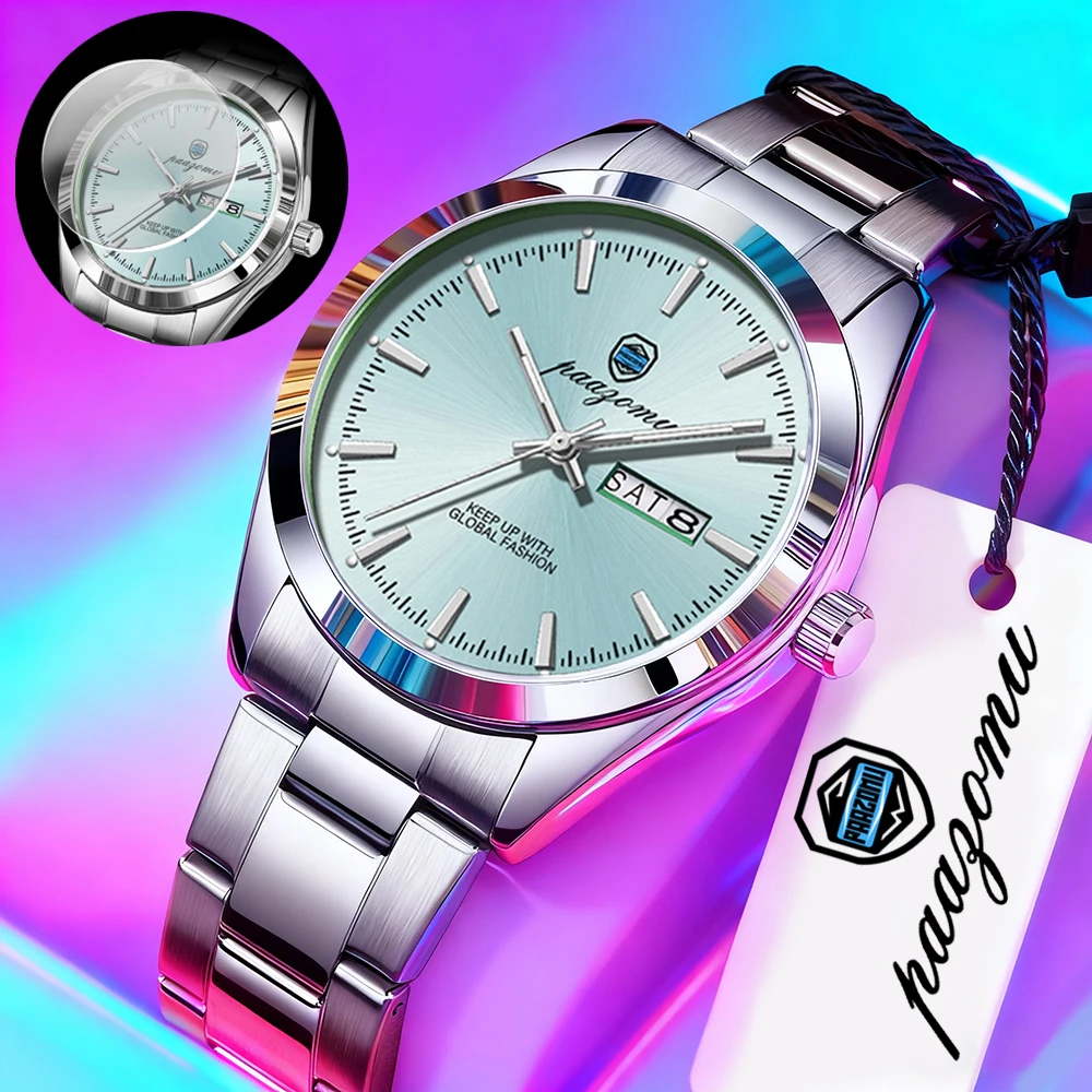 

2025 Новые взрывные цветные мужские часы из нержавеющей стали в деловом стиле, роскошные кварцевые наручные часы с датой и неделей, Relogios Masculino