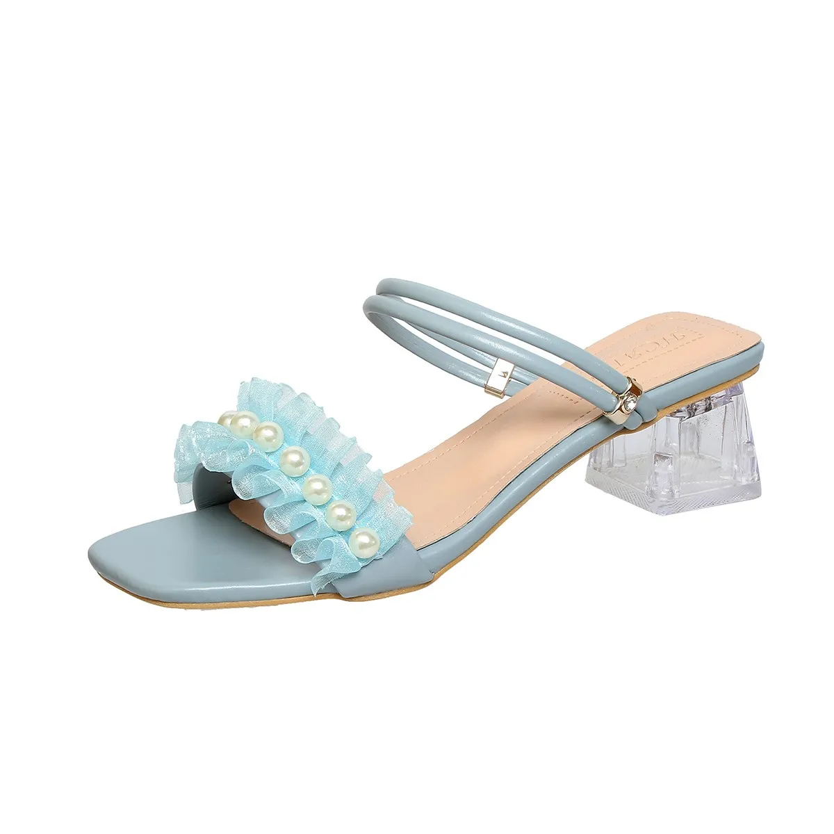 

New Women's Shoes 2025 Summer Women's Blue Beige String Bead Slippers Med Heel Square Head Fashion Women Big Size