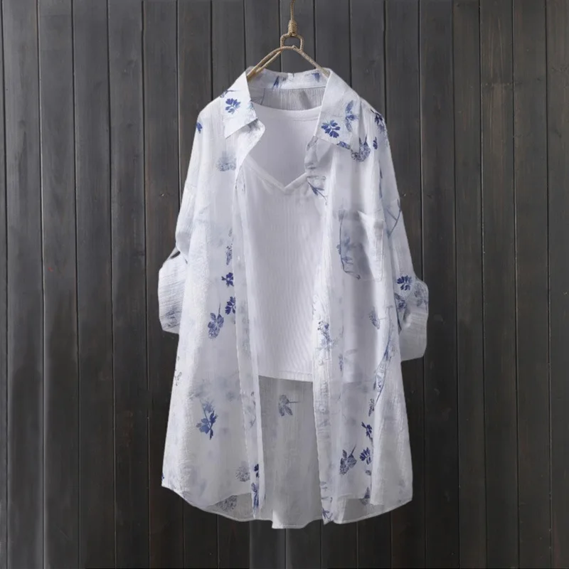 Camisa Tencel, abrigo fino para mujer, camisa holgada con protección solar, top de longitud media que cubre las nalgas, camisa a cuadros de manga larga