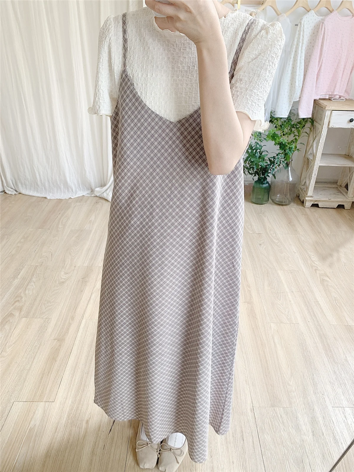 

New Annuusss Plaid Strap Dr Diamond id Pattern Tee Colors Women's Summer Faion Japanese Sle Loose Waist Midi Skirt