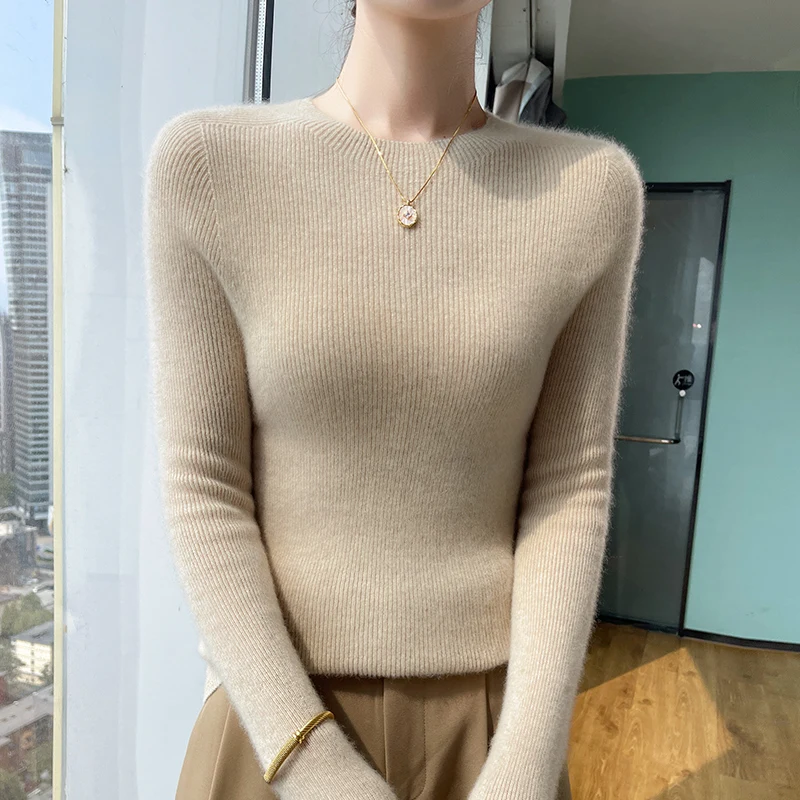 

Autumn Winter Knitted 100% Cashmere Sweater Women O-neck Pullover Slim Base Layer Elastic Top Soft Comfortable Korean Style
