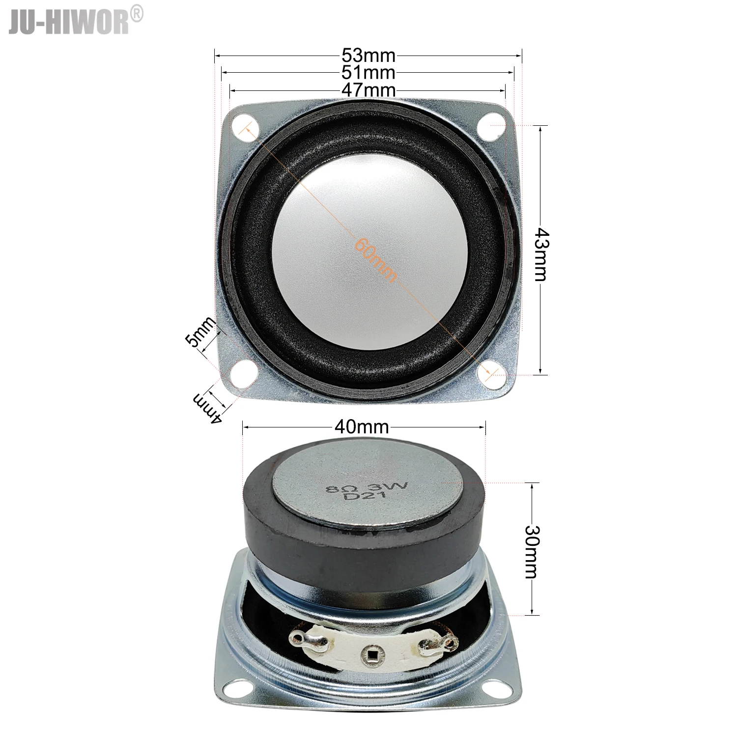 8Ohm 3 واط 53 مللي متر 52 مللي متر 2 بوصة مربع مكبر الصوت 45 مللي متر مكبر الصوت المغناطيسي الخارجي رغوة حافة وعاء فضي ارتفاع السفلي 25 مللي متر