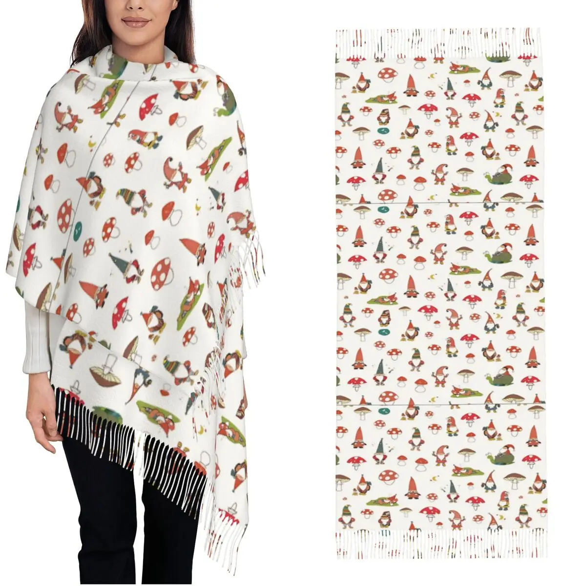 

Женский шарф с кисточкой Garden Gnome Длинная мягкая теплая шаль с рождественским узором, повседневная одежда, шарфы из пашмины