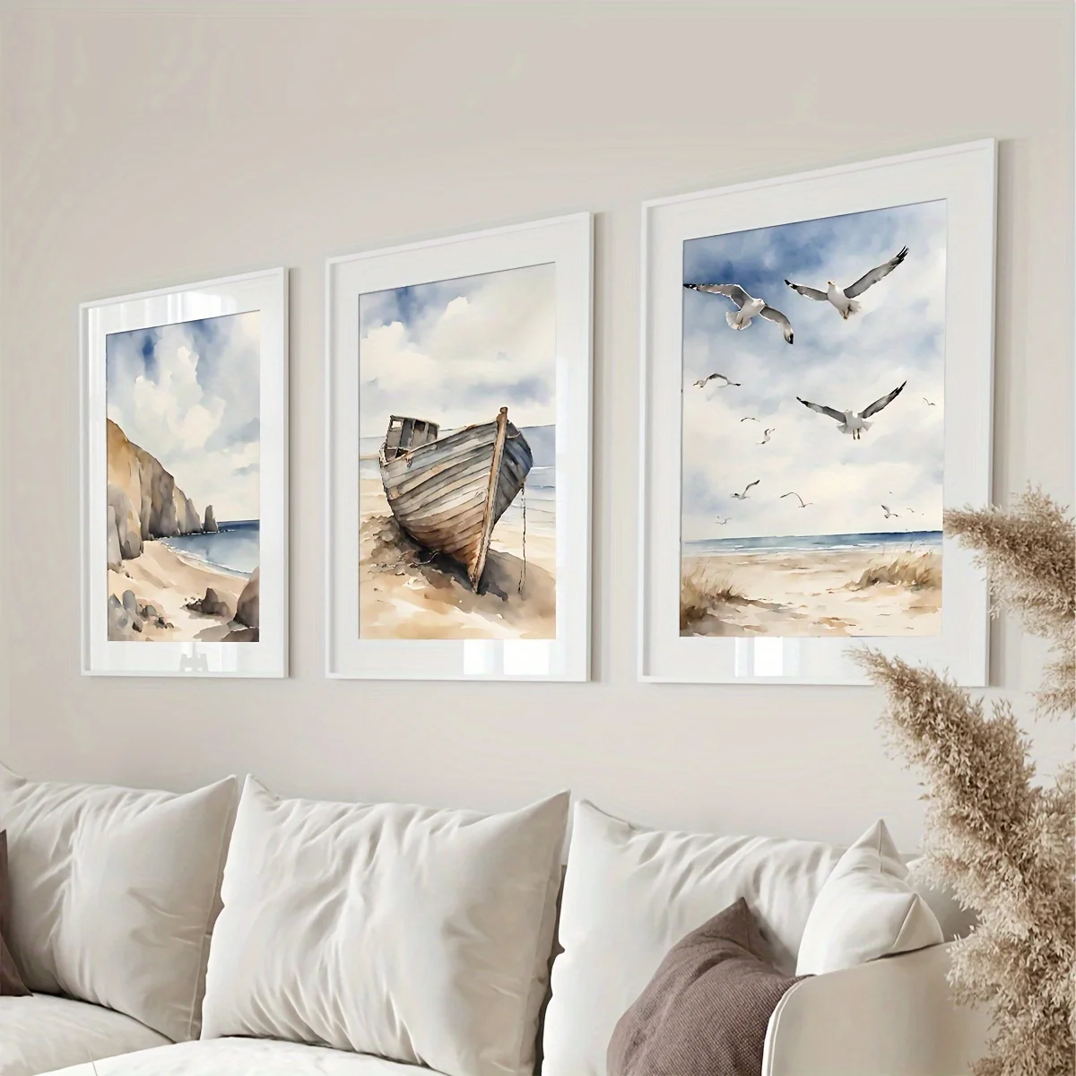 مجموعة فنية جدارية لمناظر شاطئ البحر الساحلية - ملصقات قماشية عصرية معاصرة مكونة من 3 قطع للشاطئ والقوارب وطيور النورس، إطار