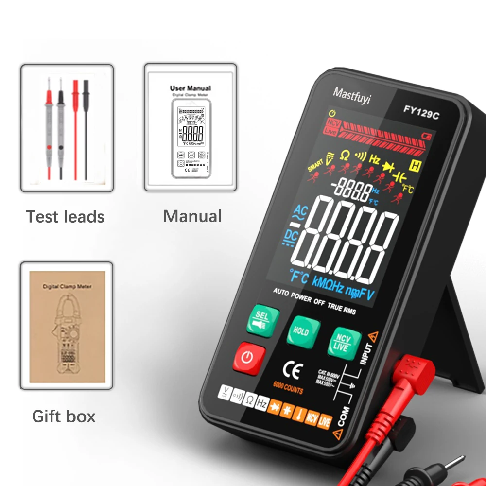 MASTFUYI Slimme digitale multimeter met beugel LCD-kleurenscherm AC/DC-spanningstester Ohm Diode NCV Frequentie Live Wire Check