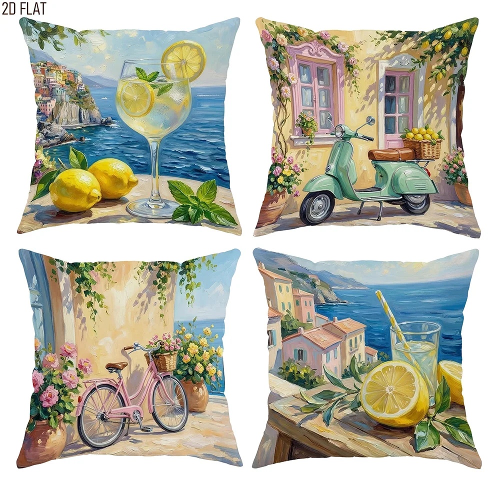 1/4pcs Coastal Vintage Pink Bicycle Floral Throw Pillow Cover Home farmhouse outdoor decoration cushion cover