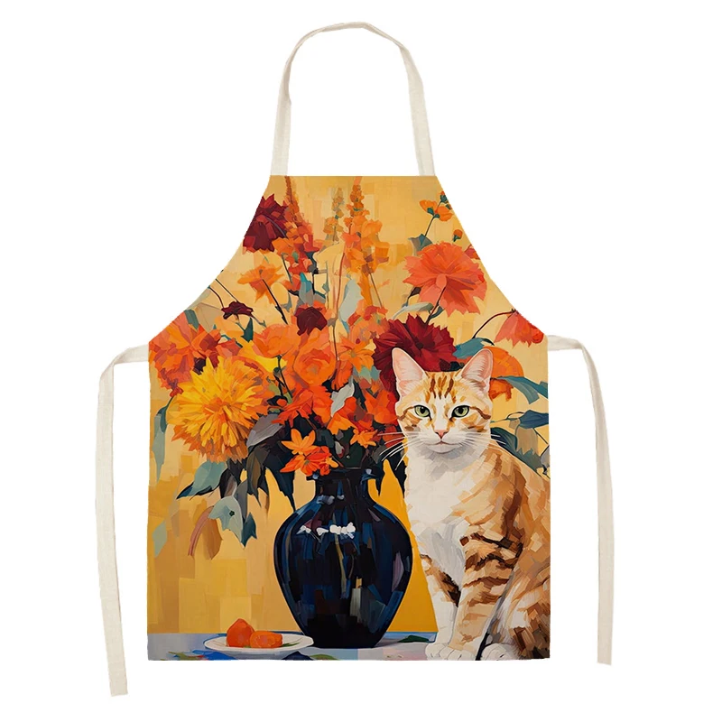 Women\'s kitchen apron oil painting style Restaurant chef barber Waterproof apron for menand child black cute cartoon cat 55×68