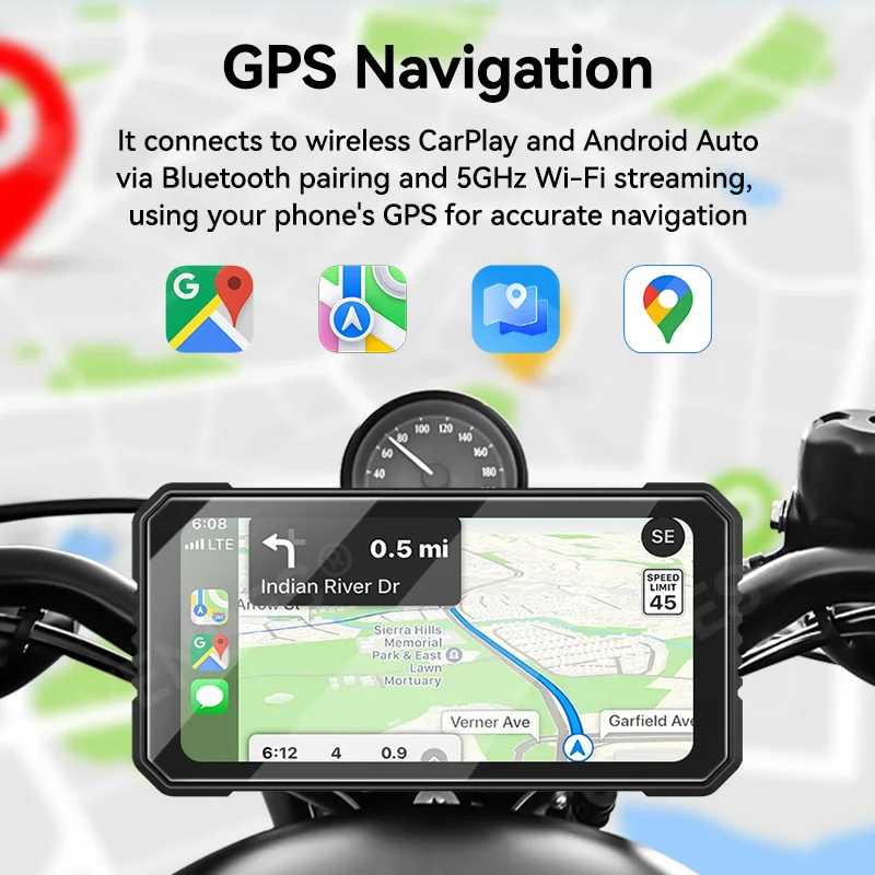 VENBES Carplay Motorcycle Universal 6.25 بوصة Navigation Carplay Android Auto Bluetooth IP67 شاشة مقاومة للماء