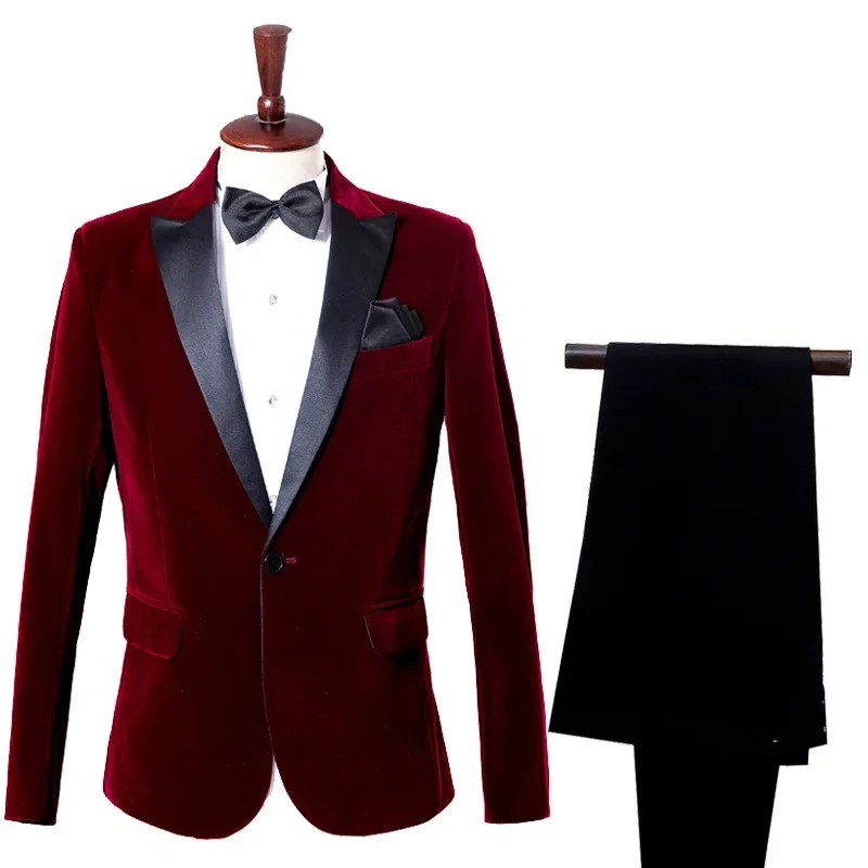 Men Suit Singer Stage Show Groom Suit Business Dress Wine Flannel Treasure Smart Casual Mens Suits with Pants