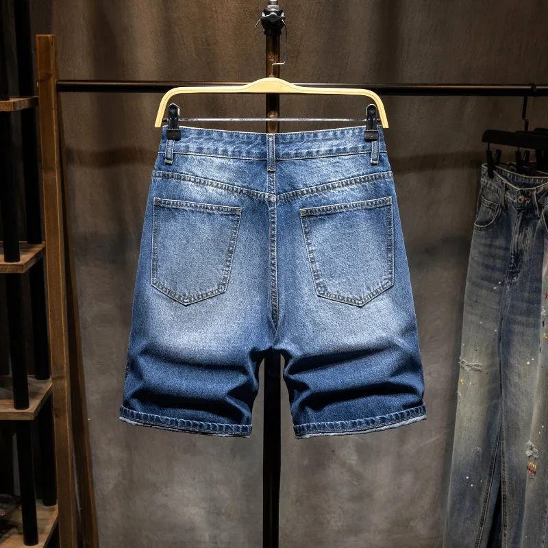 

Streetwear Y2K Blue Denim Shorts Men Summer Thin Stretch Korean Vintage Loose Straight Five Inch Daily Casual Mid Pants