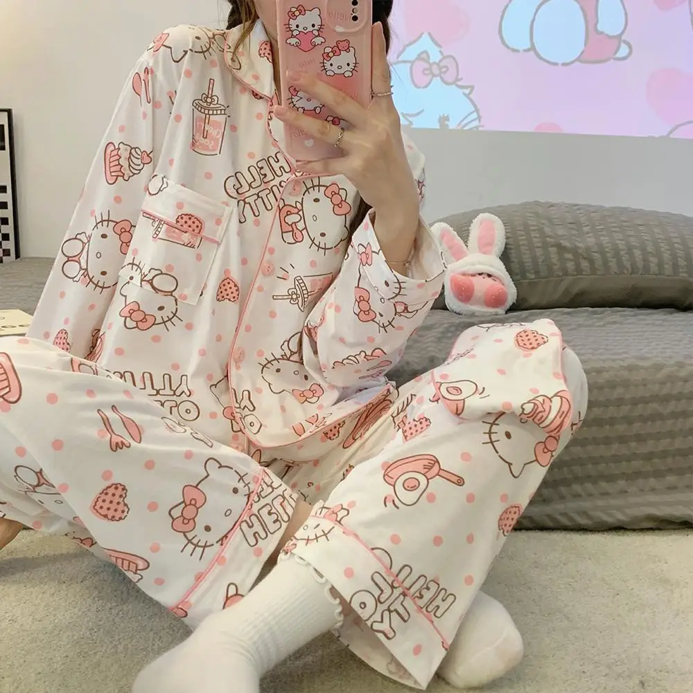 Hello Kitty 2Pcs Cute Pajamas Suit Cartoon Sanrioed Anime Kawaii Women Spring Autumn Tops Pants Loungewear Homewear Sweet Girls