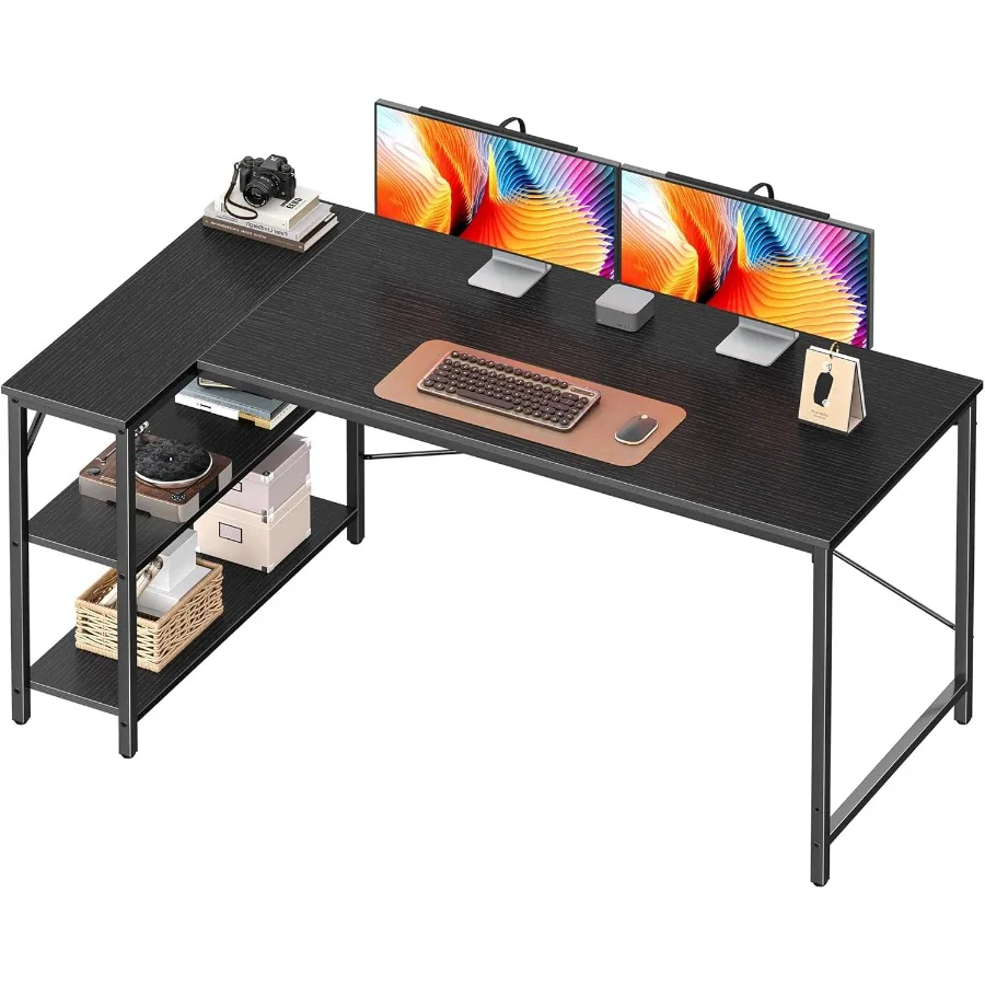 مكتب كمبيوتر على شكل حرف L مقاس 55 بوصة مع أرفف تخزين قابلة للعكس لزوايا الألعاب والمكتب المنزلي ودراسة الكتابة المعدنية المتينة #1