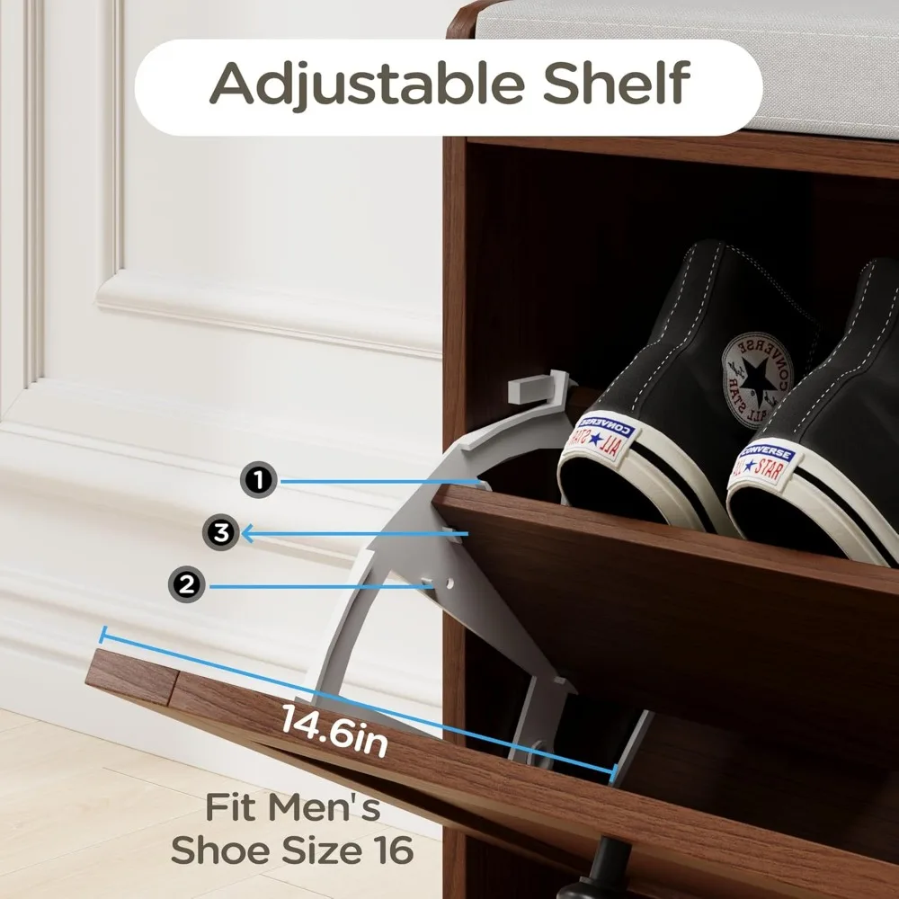 مقعد تخزين خشبي معاصر مع مقعد مبطن وأدراج قابلة للطي لتخزين الأحذية في المدخل