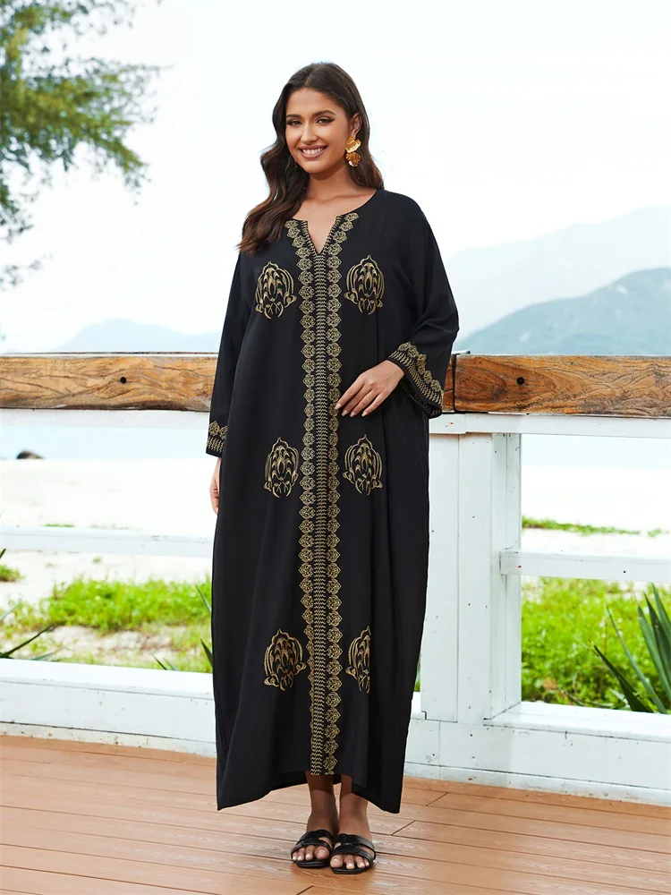 Embroidery Plus Size Long Sleeve Kaftan Beach Dress Bathing Suit Cover Up 2024 Women Summer Beachwear Moo Moo Dress Q1603