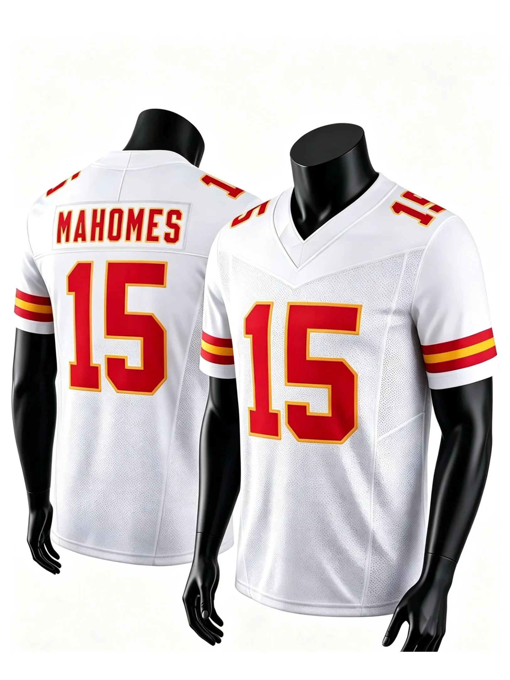 Herren 15 Mahomes Rotes Heim-Footballtrikot, Rot-Gold Gestreifter Ärmel, V-Ausschnitt, Kurzarm, Atmungsaktive Fan-Sportuniform, Familien-Set – Detail 6