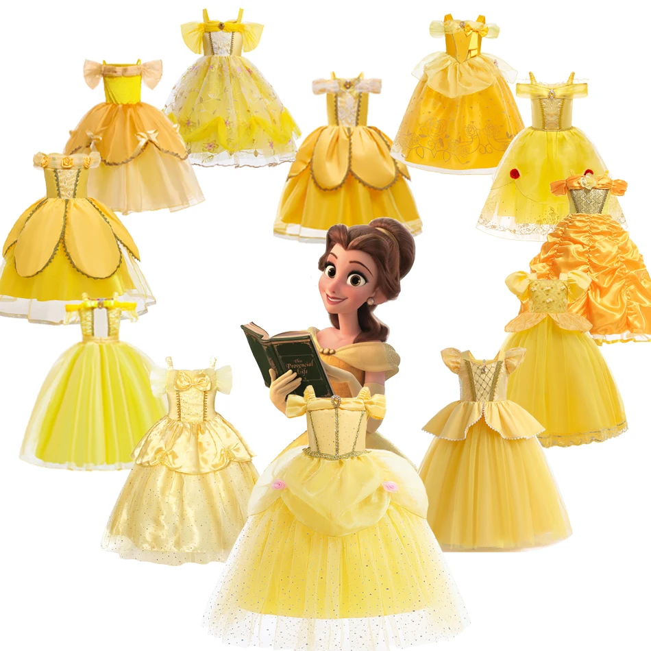 Disfraz de Bella de Halloween para niños, vestido de baile de malla amarillo, vestido de fiesta de lujo para niñas, ropa de campana de princesa de Disney