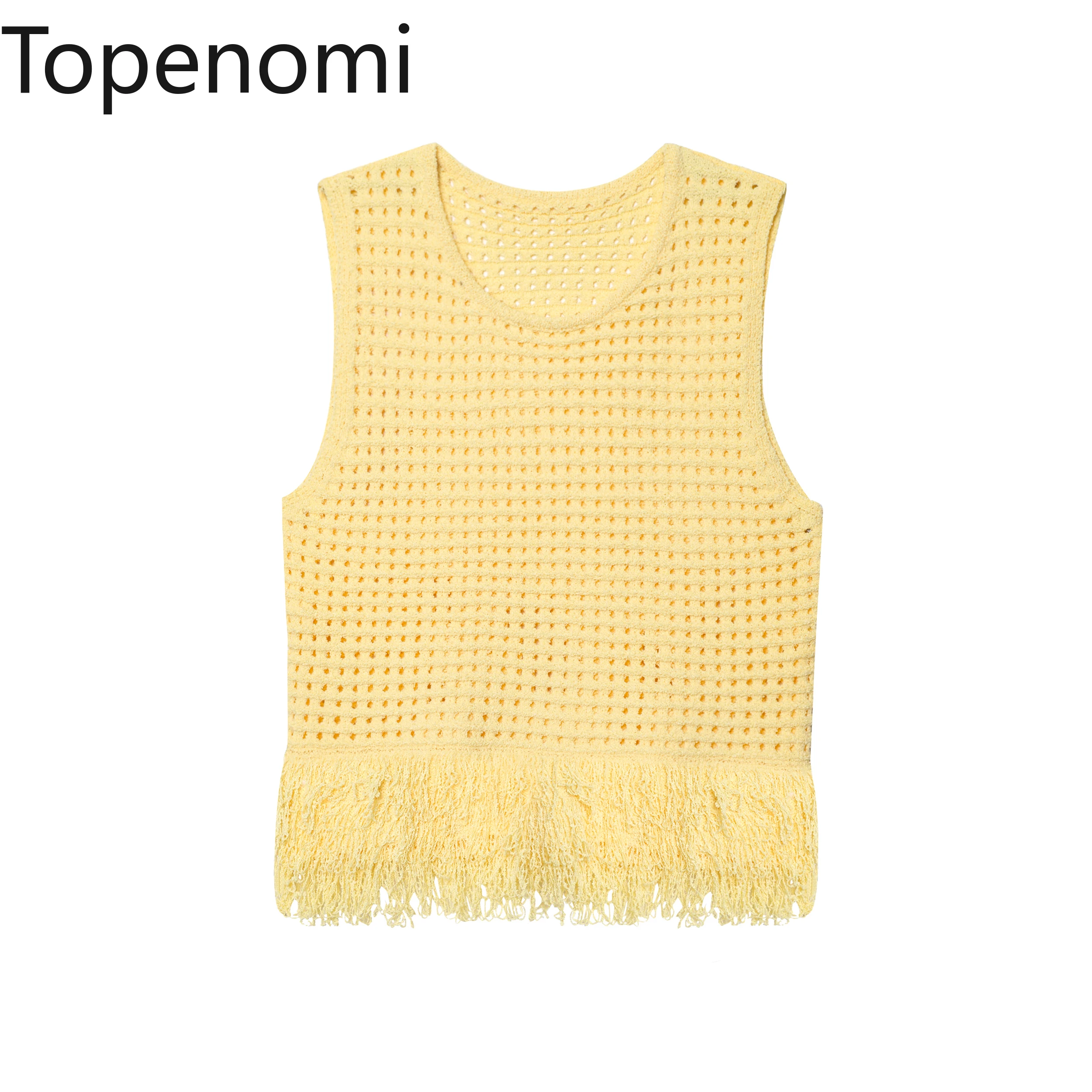 

Topenomi Yellow Tassel Knitted Vest Women Hollow Out Round Neck Slim Fit Short Pullover Summer Simple Fashion Sleeveless Sweater