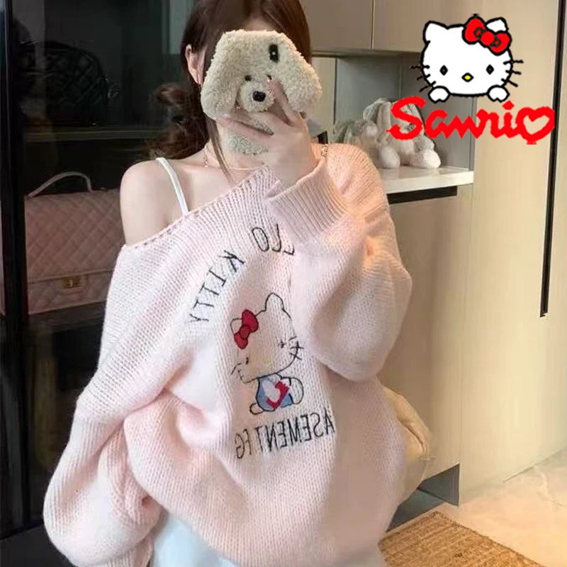 산리오 헬로 키티 섹시한 여성의 비대칭 어깨 긴 소매 니트 스웨터 만화 패션 소녀 겨울 따뜻한 자수 스웨터