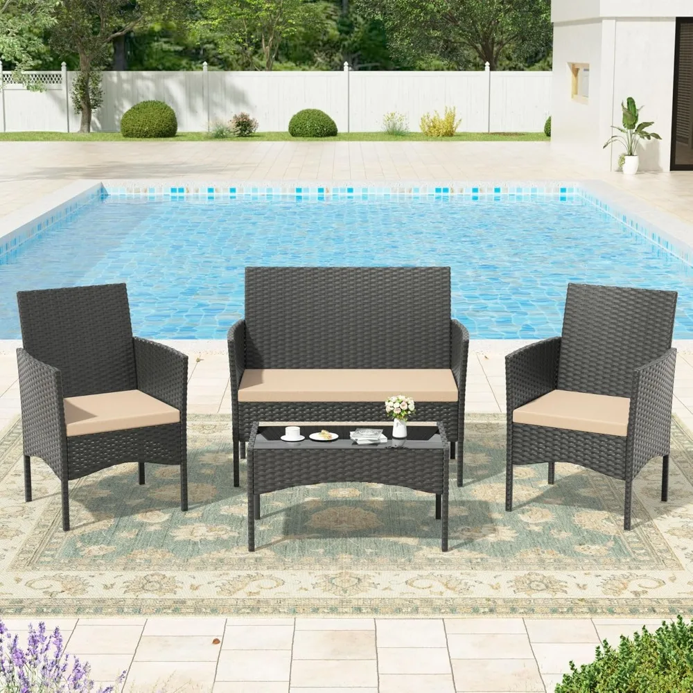 4 Pieces Patio Furniture Set, PE Wicker Rattan Chairs Garden Conversation Sets with Tempered Glass Table and Soft Cushions