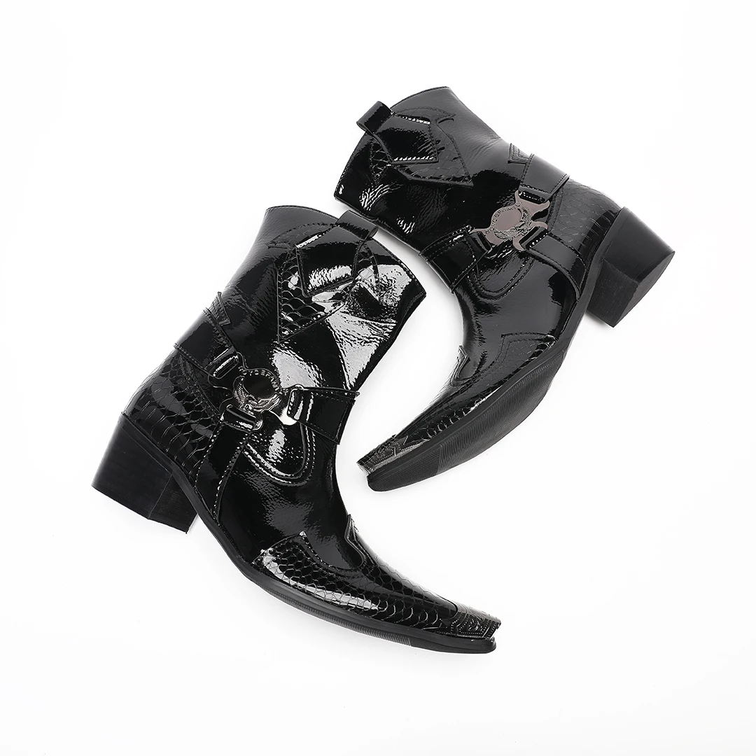 أحذية الشتاء مشبك حزام أشار تو براءات الاختراع والجلود الرجال أحذية بوت قصيرة كبيرة الحجم كاوبوي حذاء من الجلد الذكور أحذية الحفلات الأحذية #5