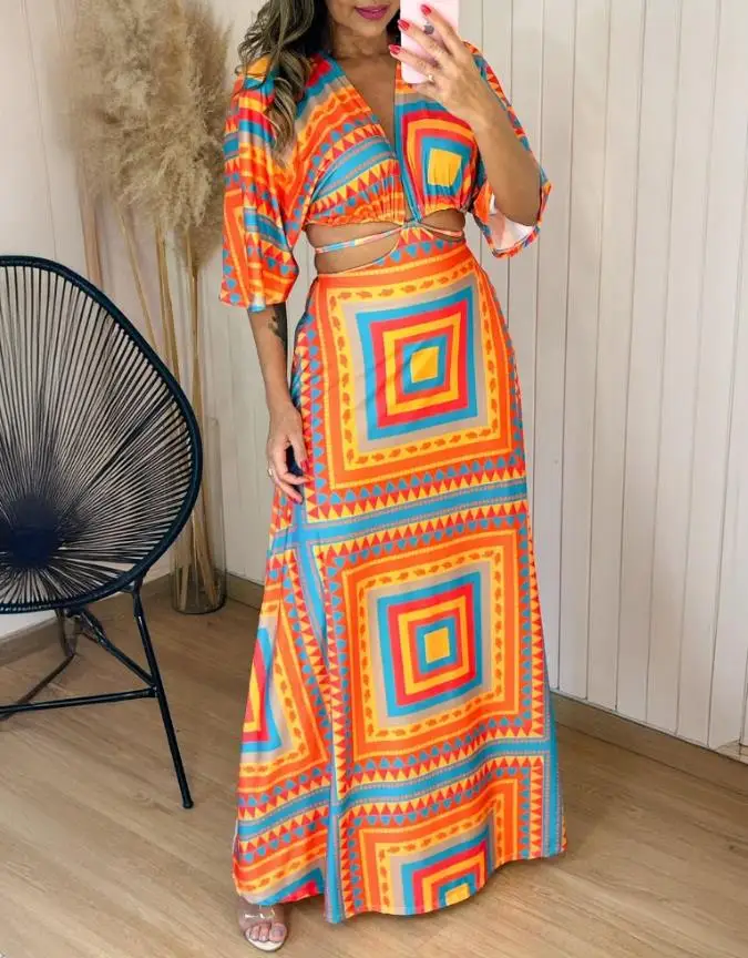 

Women's Dress 2025 Latest Geometric Printed Waist Hollow Bohemian Long Skirt Casual Half Sleeve Lace Detail Vacation Maxi Dress