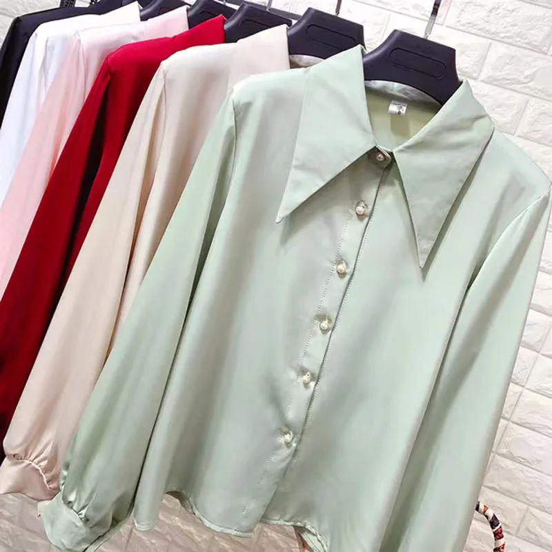 

Chiffon Shirt Women's Spring French Retro Pearl Button Pointed Collar Loose Silk Satin Shirt Solid Color Bottoming Top