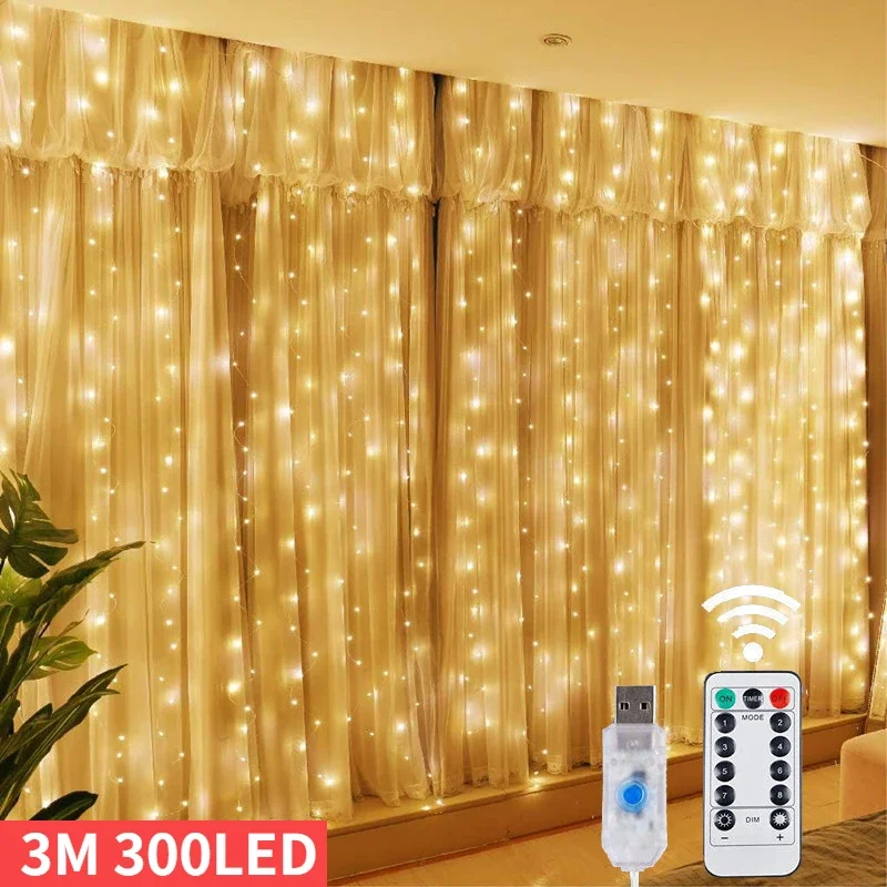 Guirnalda de luces LED para cortina, luces navideñas, 8 modos, adorno USB remoto, decoración navideña para el hogar, vacaciones, lámpara de Año Nuevo