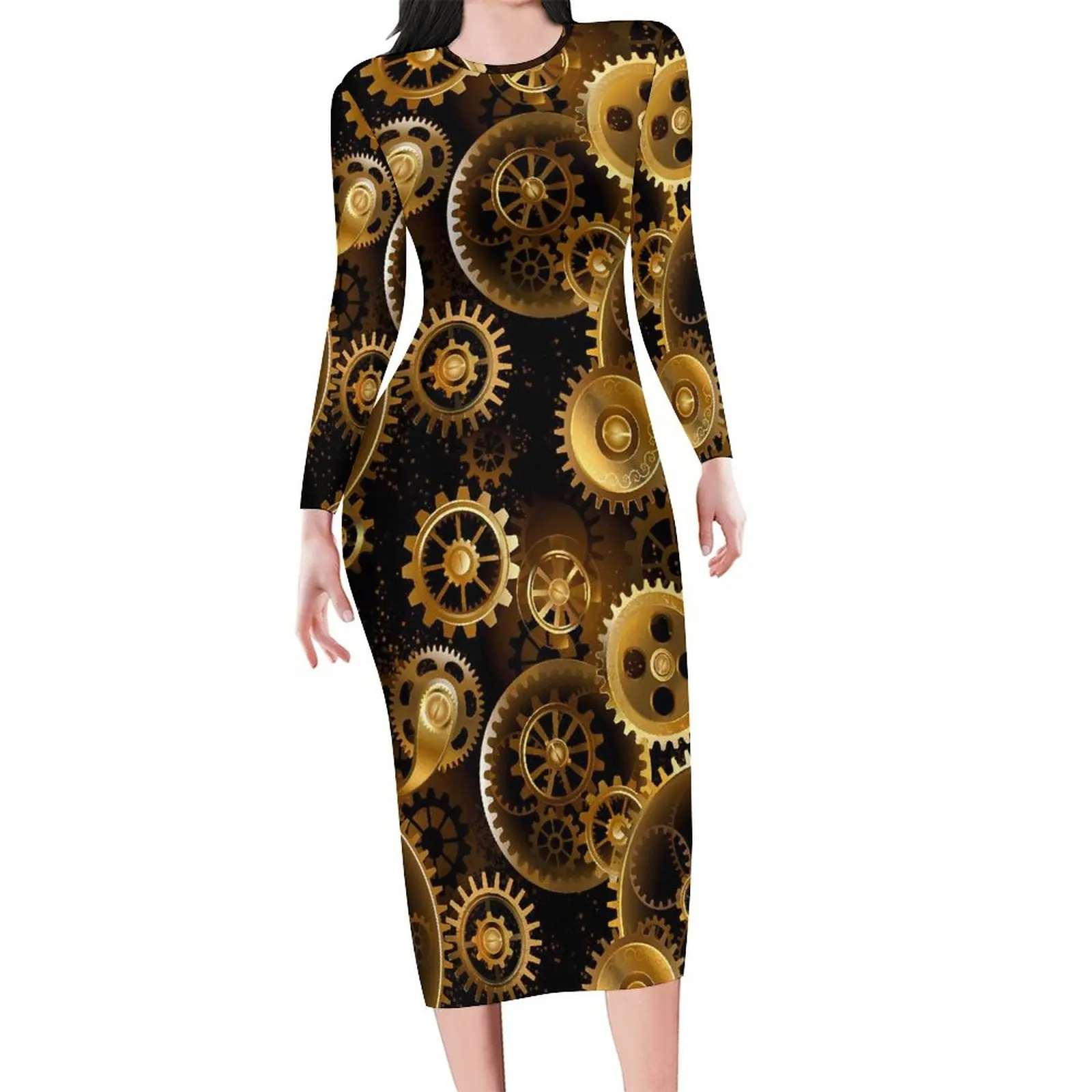 Steampunk Print Dress Womens Brass Gears Streetwear Bodycon Dress Summer Long Sleeve Modern Dresses Design Oversized Vestidos