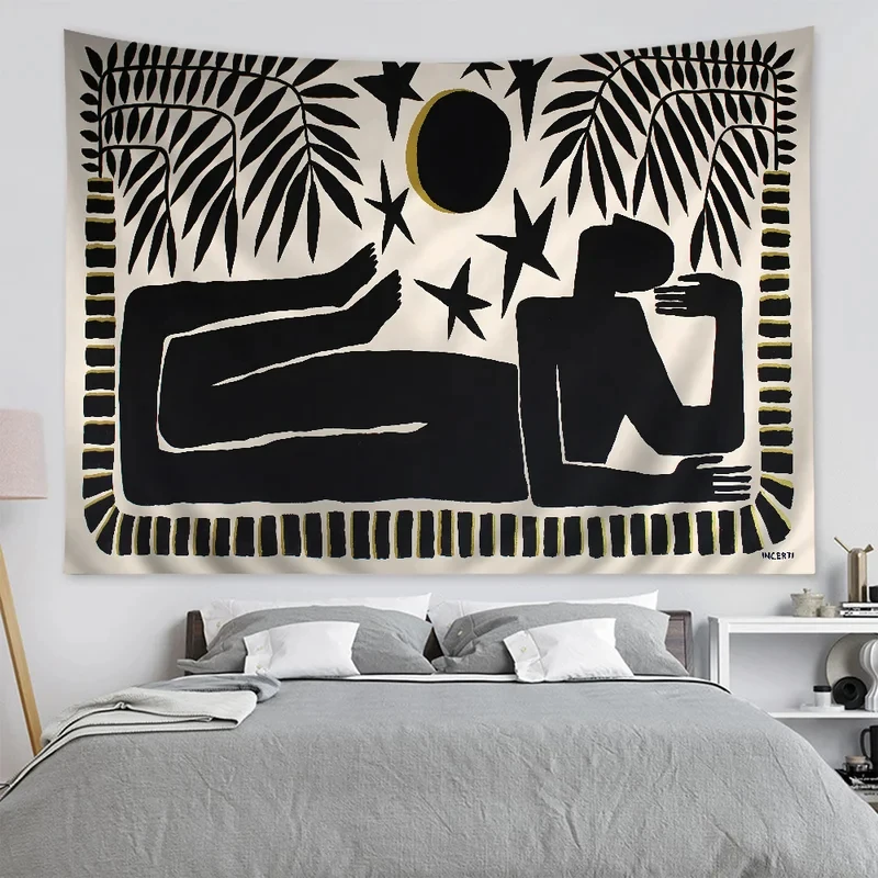 VIKAMA Abstract Figure Tapestry Black White Minimalist Human Silhouette Star Moon Palm Leaf Wall Hanging Bedroom Decor Cloth